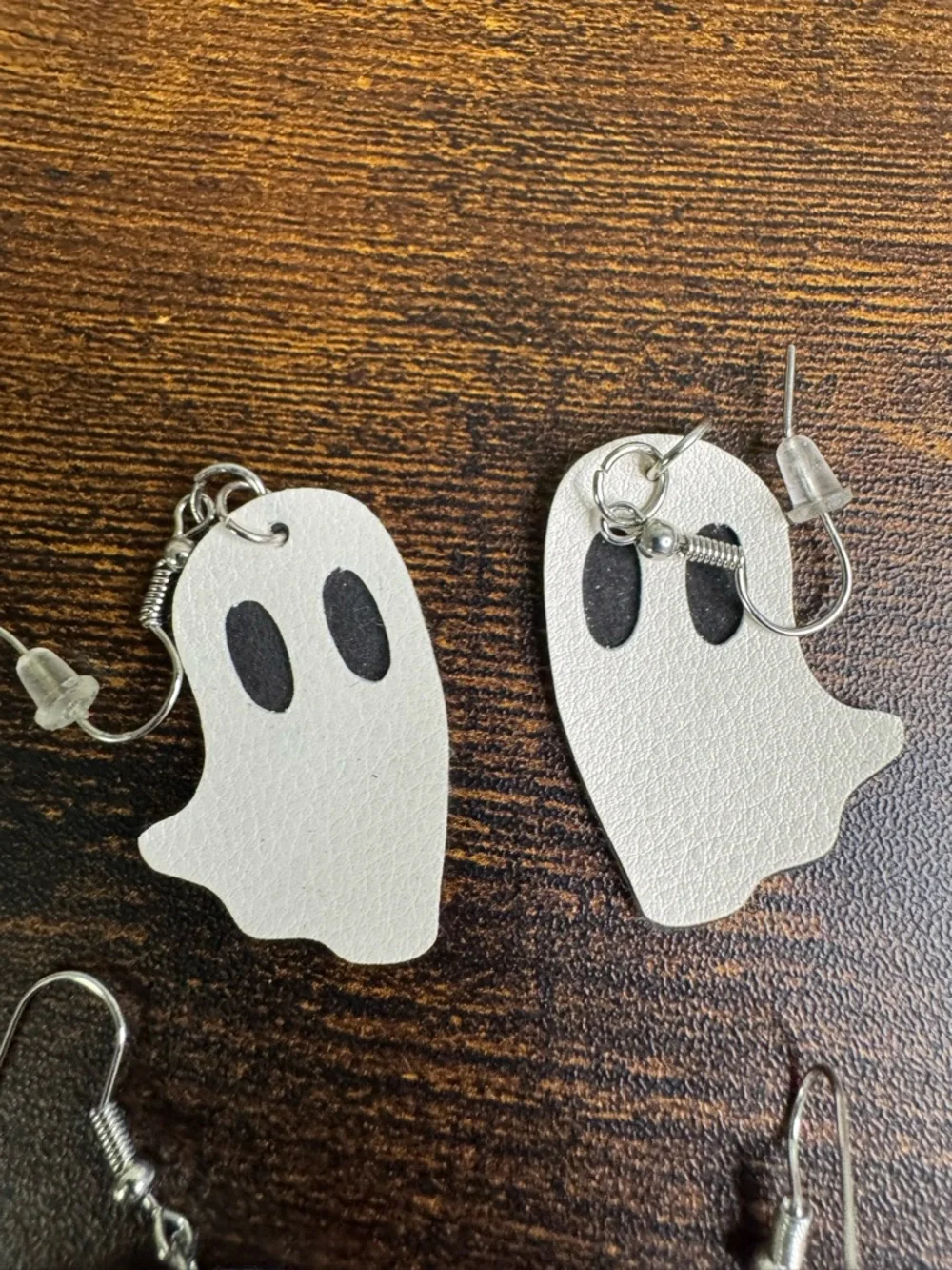 Halloween Ghost and Bat Crescent Moon Dangle Earrings White and Black - Picture 4 of 6